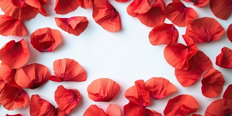Vibrant red poppy petals arranged in a circular frame on a light background providing ample blank space for text and design elements.