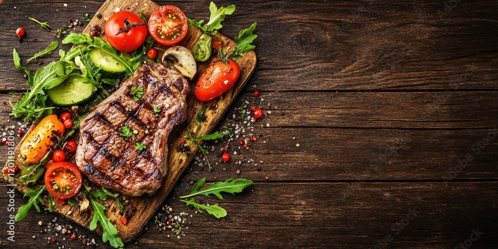 Aufkleber grilled beef steak centered on a dark wooden board with vibrant tomatoes arugula and peppers arrange