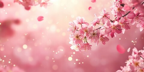 Fototapeta premium Blossoming cherry tree branches with soft pink petals against a dreamy bokeh background showcasing light reflections and pastel hues.