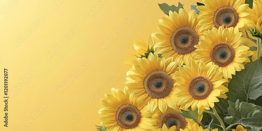Poster vibrant sunflowers in full bloom with dark centers arranged on the left against a soft yellow backgr