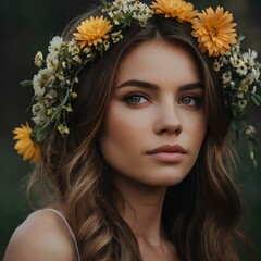 Naklejka premium Beautiful woman with flower wreath on her head. Flowers hairstyle. Spring woman