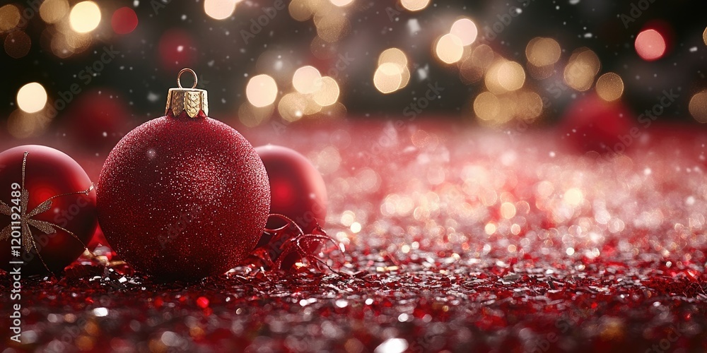 Poster festive christmas background featuring sparkling red ornaments on glittering red and gold surface wi