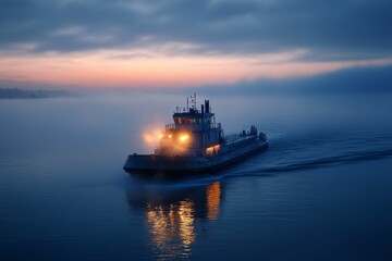 Obraz premium Tugboat moves through foggy water under a twilight sky.