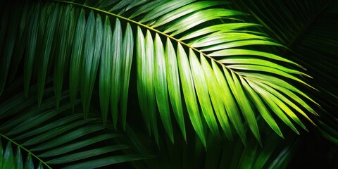 Vibrant green palm leaves overlapping with light reflections creating a lush tropical texture against a dark background showcasing nature's beauty