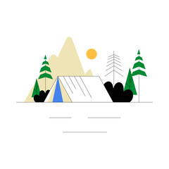 Camping Tent With Mountains And Pine Trees In Flat Vector Illustration Symbolizing Outdoor Adventures, Nature, And Travel, Isolated On White Background