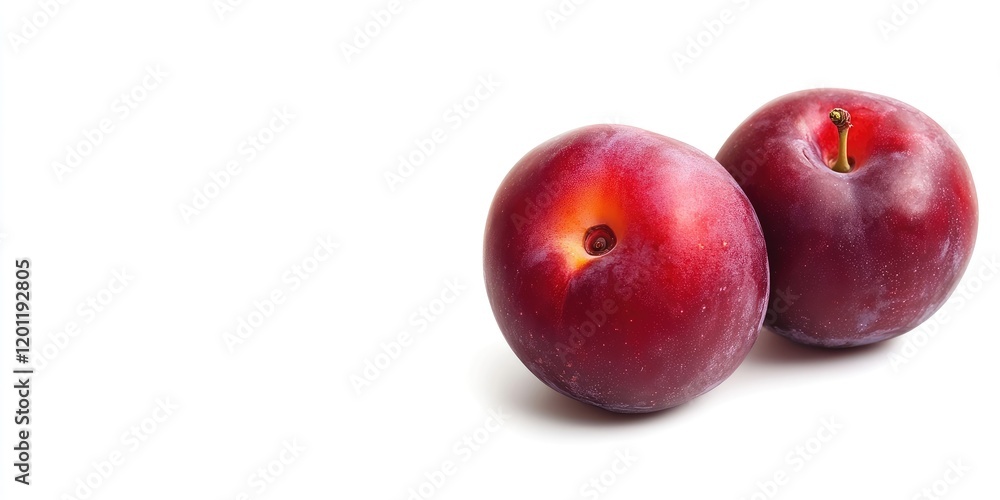 Poster red plums resting side by side on a white background with ample copy space showcasing their smooth s