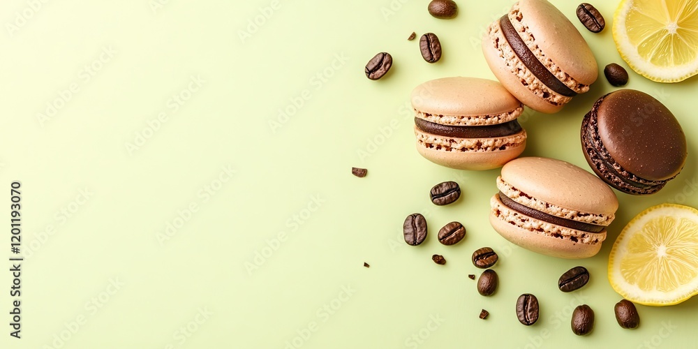 Poster chocolate and lemon macarons on a soft yellow-green background with coffee beans. includes yellow le