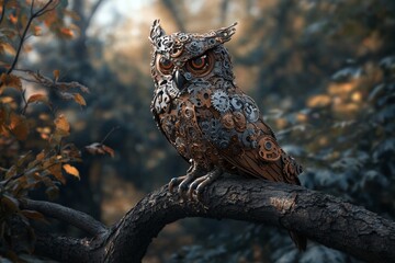 Obraz premium Mechanical Owl in Autumnal Forest: A Steampunk Masterpiece
