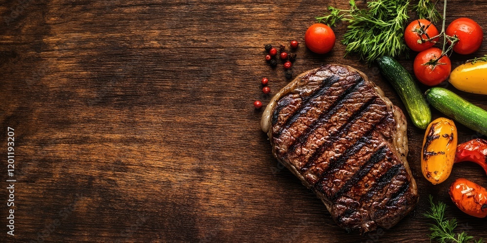Aufkleber grilled beef steak on a wooden table with assorted vegetables in vibrant colors including red tomato