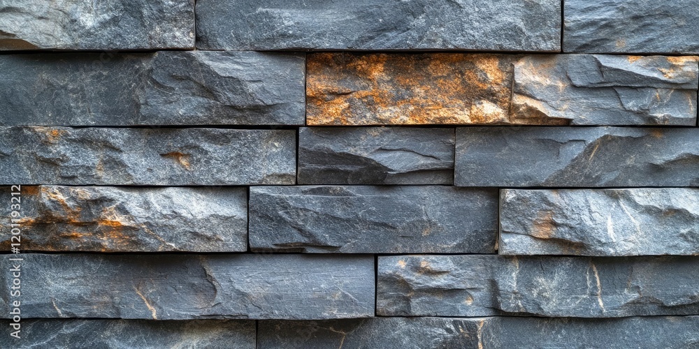 Poster natural stone wall texture with dark gray and subtle golden imperfections arranged in a rectangular 