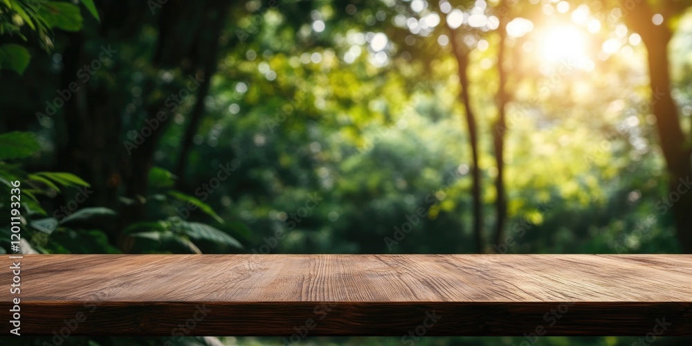 Aufkleber wooden tabletop in the foreground with a blurred lush green background and soft golden sunlight filt