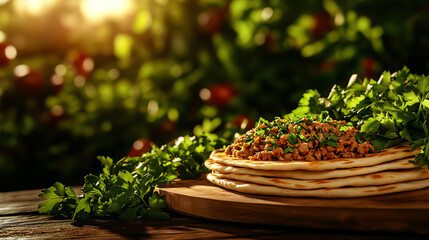 Turkish Lahmacun thin flatbread, topped with minced meat and served with fresh greens in a lively Anatolian cafe, [Middle Eastern street food, bold simplicity]