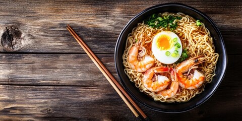 Delicious shrimp ramen in a black bowl with an egg and green onions on a wooden table with chopsticks positioned left and space for text above.