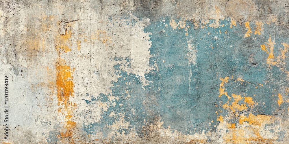 Poster textured abstract background of aged cement with blue and orange patches on a weathered gray surface