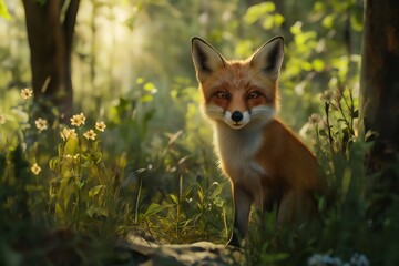 Wild red fox resting in a sunlit forest clearing surrounded by flowers and lush vegetation