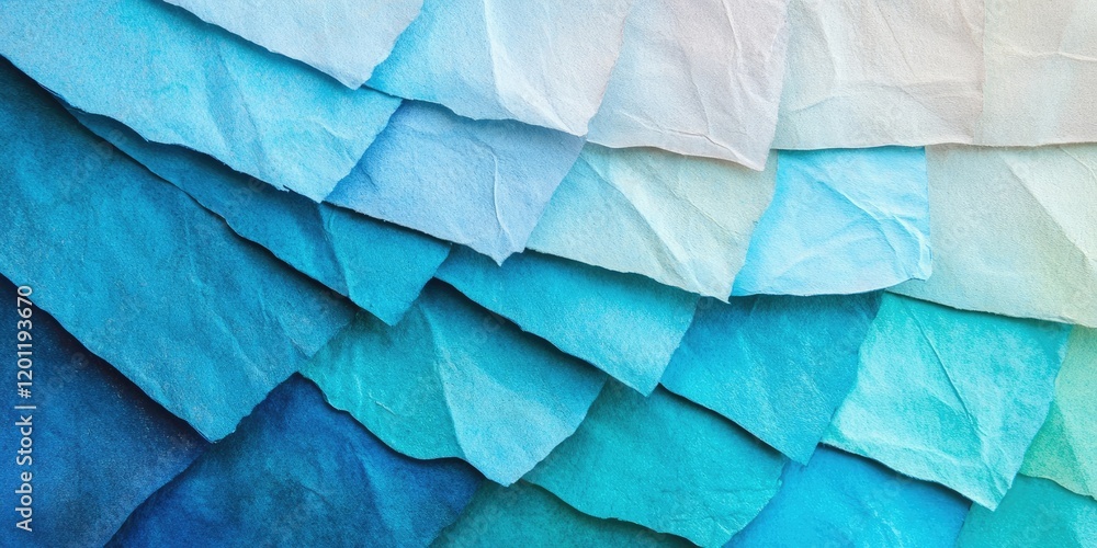 Poster layers of textured aged craft paper in shades of white, blue, and cerulean, showcasing a gradient ef
