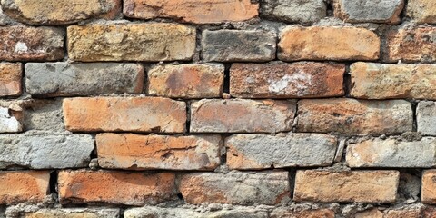 Fototapeta premium Rustic brick wall texture featuring reddish-brown and gray bricks in a staggered pattern with mortar joints blending into the background.
