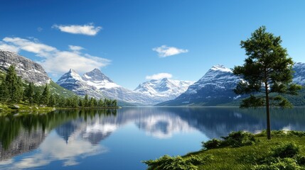 Fototapeta premium Serene mountain landscape reflecting on a calm lake under blue skies.