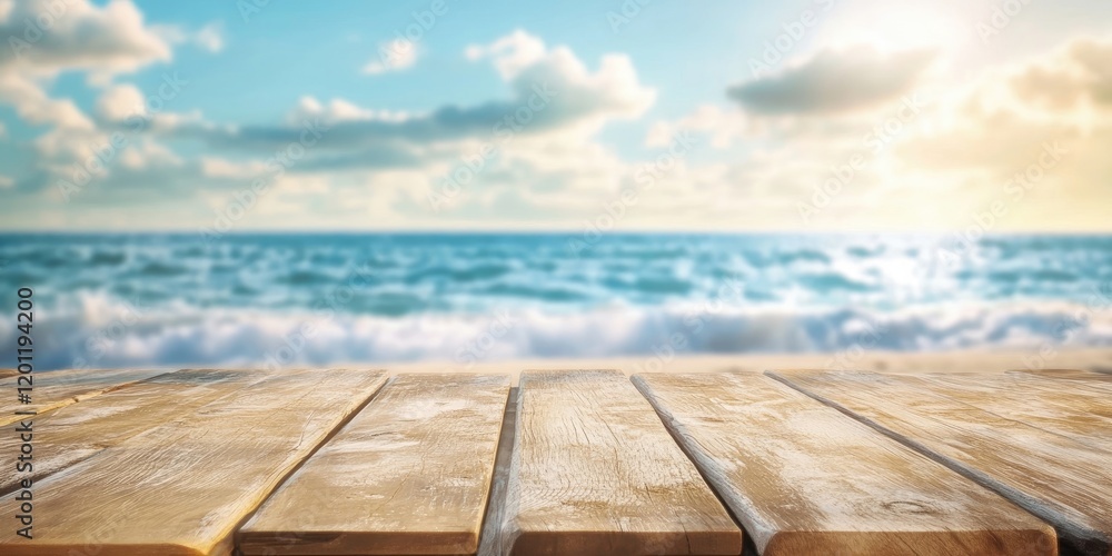Poster wooden table surface in the foreground with a blurred ocean view background featuring soft waves and