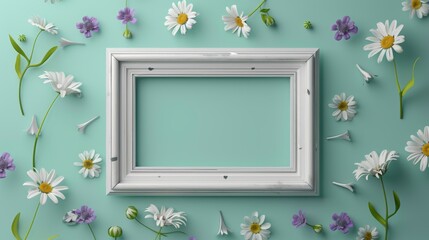 A blank white picture frame with silver inlays in the middle surrounded by daisies and violets