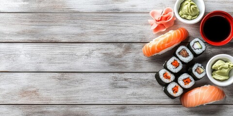 Sushi table arrangement with salmon rolls ginger wasabi and soy sauce on gray wooden backdrop ample copy space for text on left side
