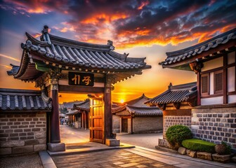 Naklejka premium Jeonju Hanok Village Entrance: Silhouette of Stone Sign & Traditional Architecture