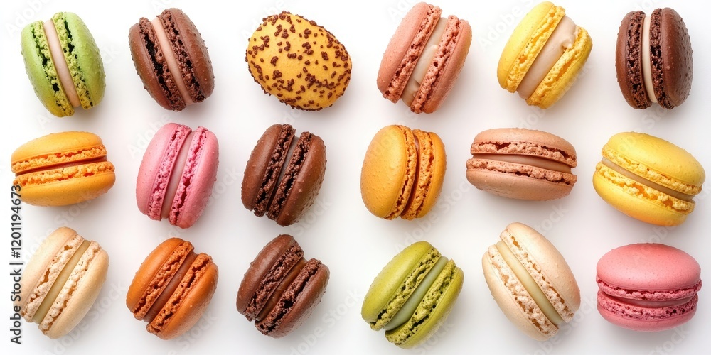 Poster vibrant assortment of colorful macarons in various flavors arranged neatly on a white background sho