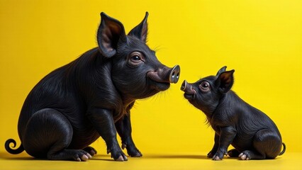 A pair of adorable black piglets sitting together against a vibrant yellow backdrop, showcasing their soft fur and endearing expressions.