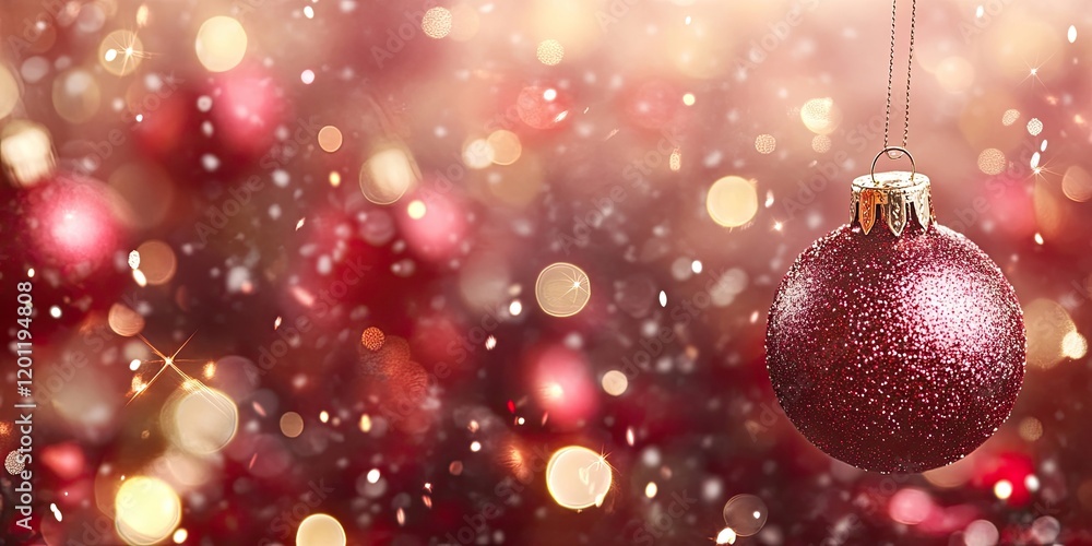 Aufkleber festive background featuring a sparkling red ornament on the right side with blurred gold and red bo