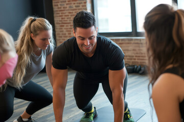 Male fitness instructor smiling and demonstrating correct exercise form to group of women in gym