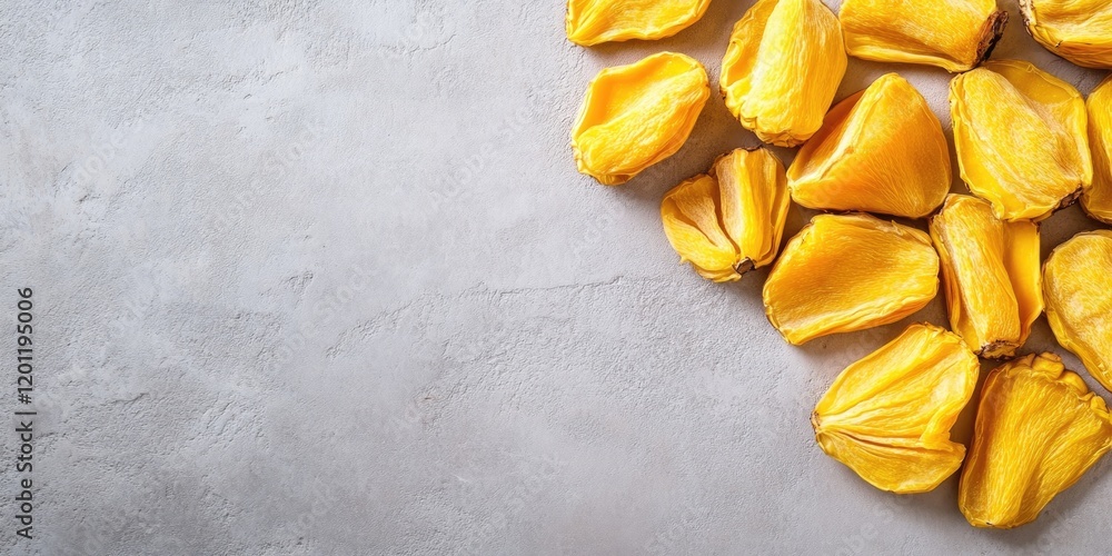 Poster dried jackfruit slices in vibrant yellow arranged on a light grey textured table with ample negative