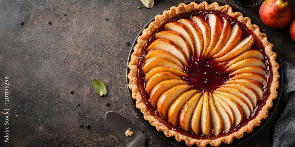 Poster classic french pear tart with red wine glaze arranged in a circular pattern on a dark textured surfa