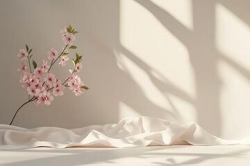 A minimalist banner featuring a single branch of pink sakura flowers, radiating elegance and serenity in sunlight.