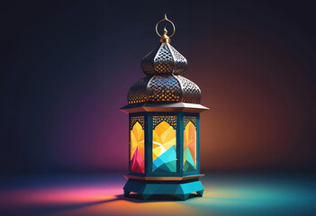 A beautifully detailed, 3D-rendered Islamic lantern, likely for Ramadan or Eid, is featured against a dark, gradient background