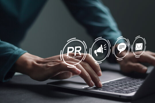 PR, Public relations concept. Businessman using laptop with public relations icon on virtual screen for communication advertising marketing strategy.