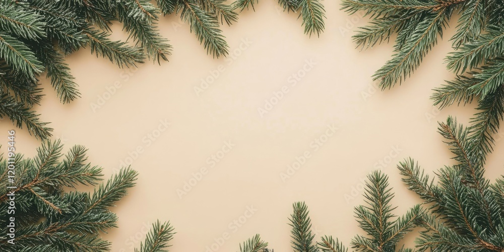 Poster flat lay of vibrant green fir branches on a soft beige background creating a stylish frame ideal for