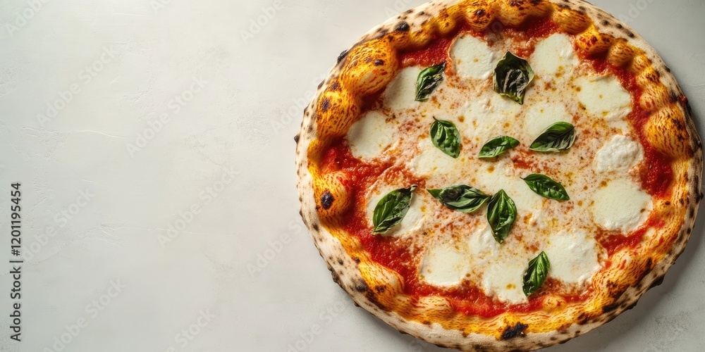 Poster margherita pizza on a light grey table top view with fresh basil and melted mozzarella surrounded by