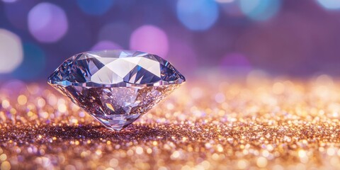 Radiant diamond positioned center foreground on shimmering gold and purple glitter backdrop with blurred bokeh effect creating space for text