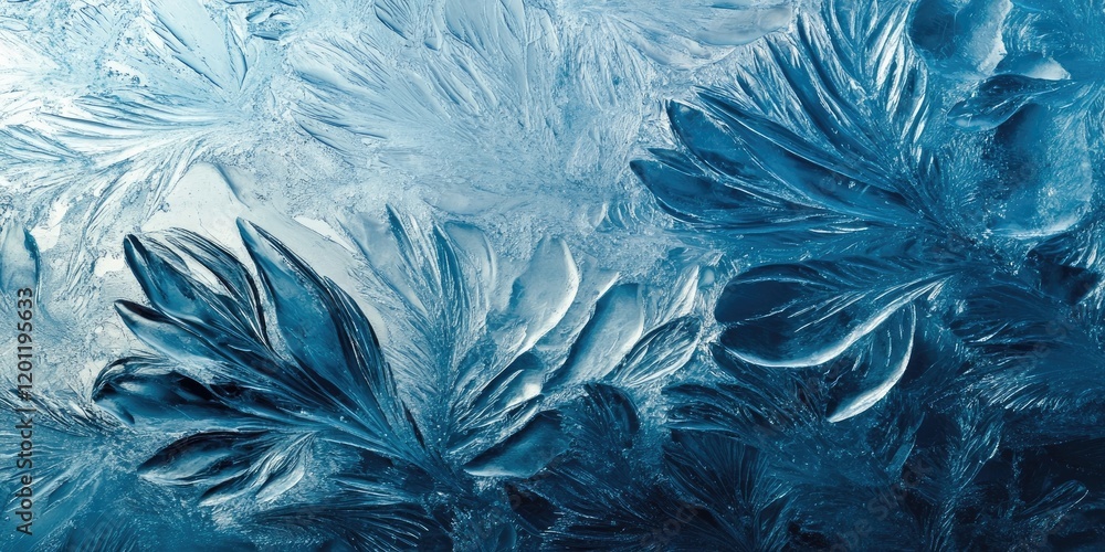 Poster frosty blue texture of frozen glass with intricate ice patterns and crystal-like designs creating a 