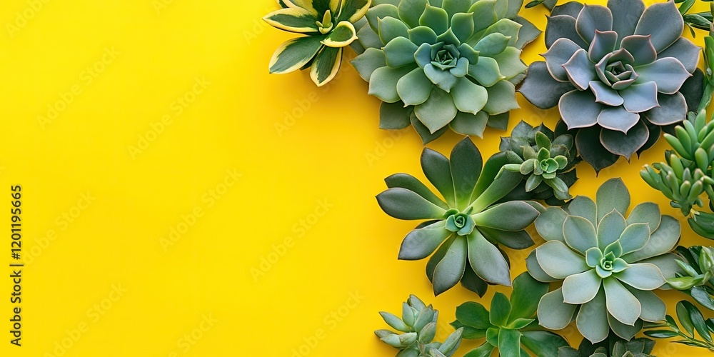 Poster succulent plants arranged at the top right corner against a bright yellow background with ample empt