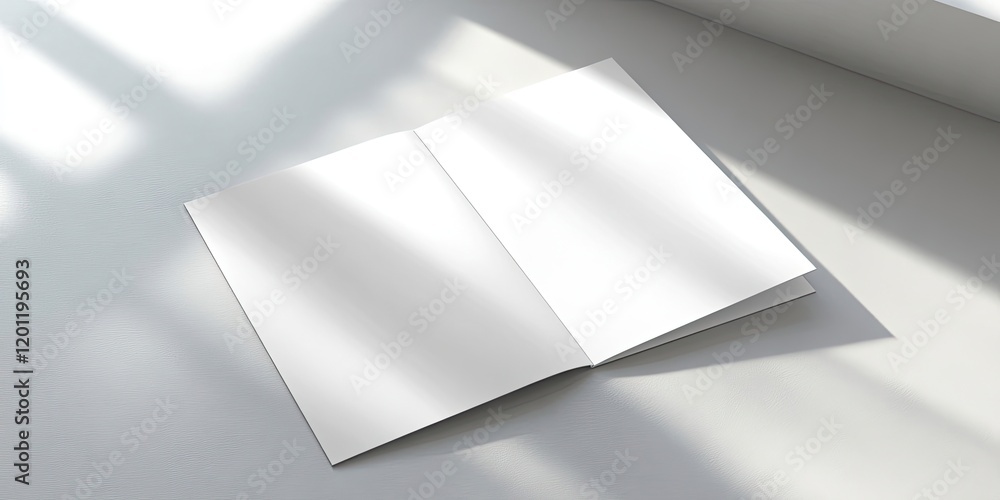 Aufkleber empty white tri-fold brochure template on a light gray surface, open with two inner panels visible, 