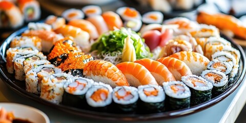 Vibrant sushi platter featuring assorted seafood rolls and nigiri arranged artistically on a black plate with fresh garnishes and colorful soy sauce.