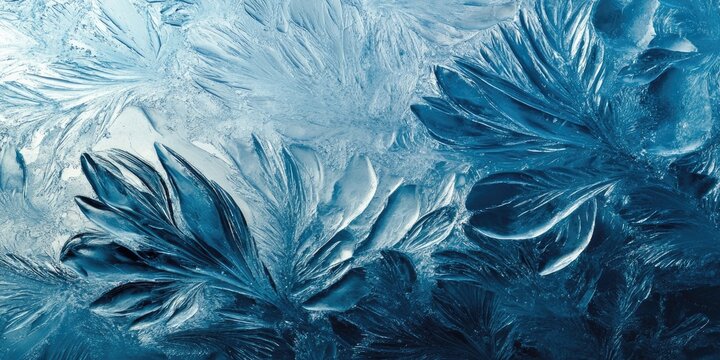 Frosty blue texture of frozen glass with intricate ice patterns and crystal-like designs creating a mesmerizing wintry visual effect. - Powered by Adobe