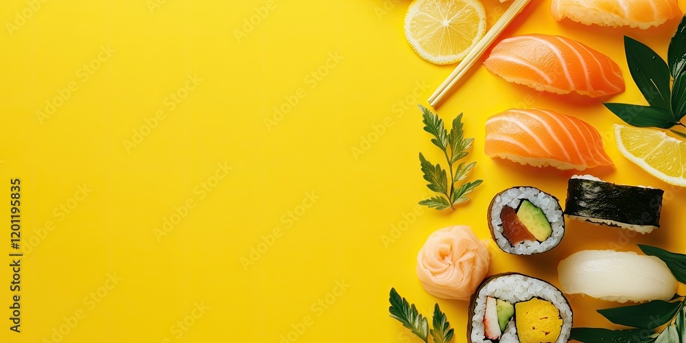 Aufkleber vibrant sushi arrangement on a bright yellow background with lemon slices and decorative greenery cr