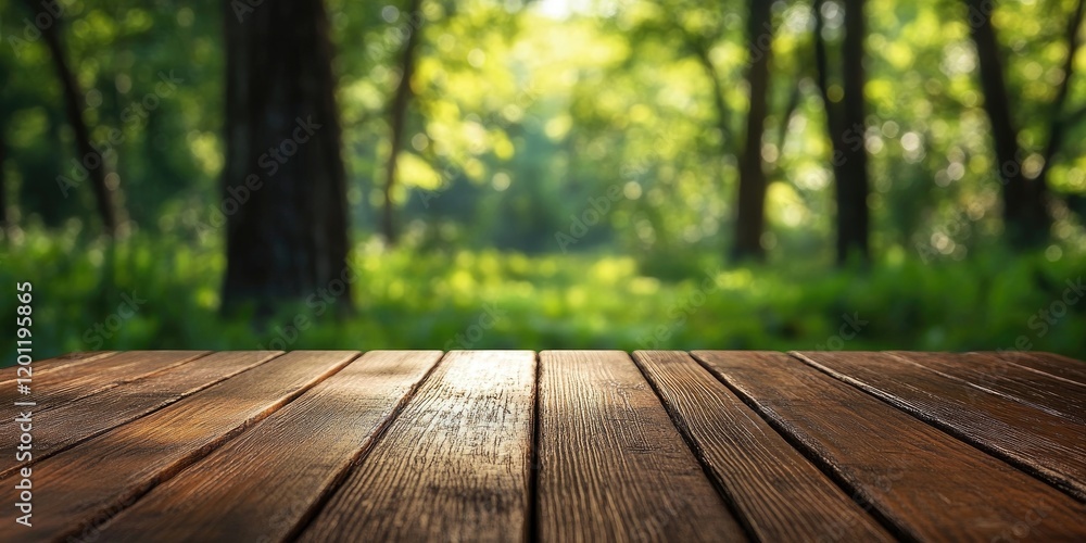 Poster wooden table surface in the foreground with blurred green nature backdrop featuring trees and sunlig