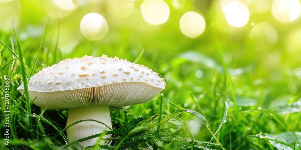 Poster delicate white mushroom on lush green grass illuminated by soft bokeh lights with ample blurred back