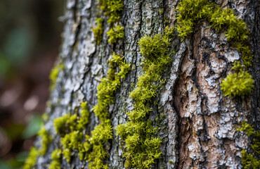 Obraz premium tree bark texture, moss and lichen growing on it, natural colors