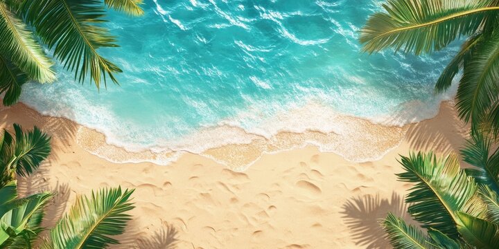 Tropical beach backdrop with golden sand and turquoise sea, framed by lush green coconut palm leaves for summer vacation themes