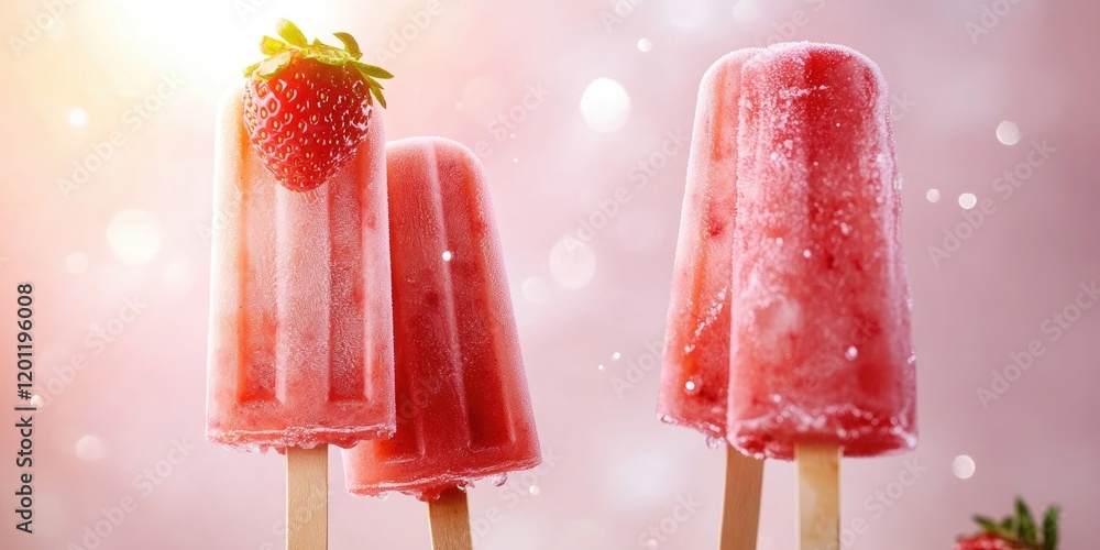 Poster Strawberry popsicles with fresh berries on sticks against a soft pink background illuminated by light with a dreamy bokeh effect.
