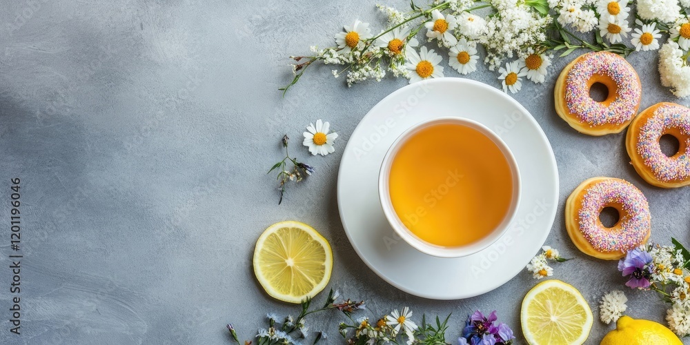Poster Tea in a white cup with lemon slices and colorful donuts surrounded by various flowers arranged on a soft gray background.